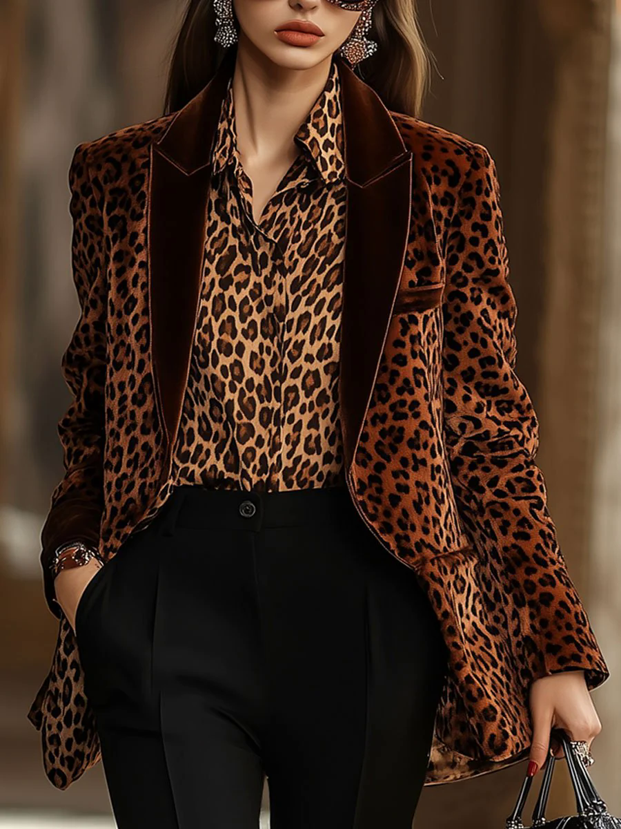Casual Loose Retro Velvet Leopard Print Lapel Blazer