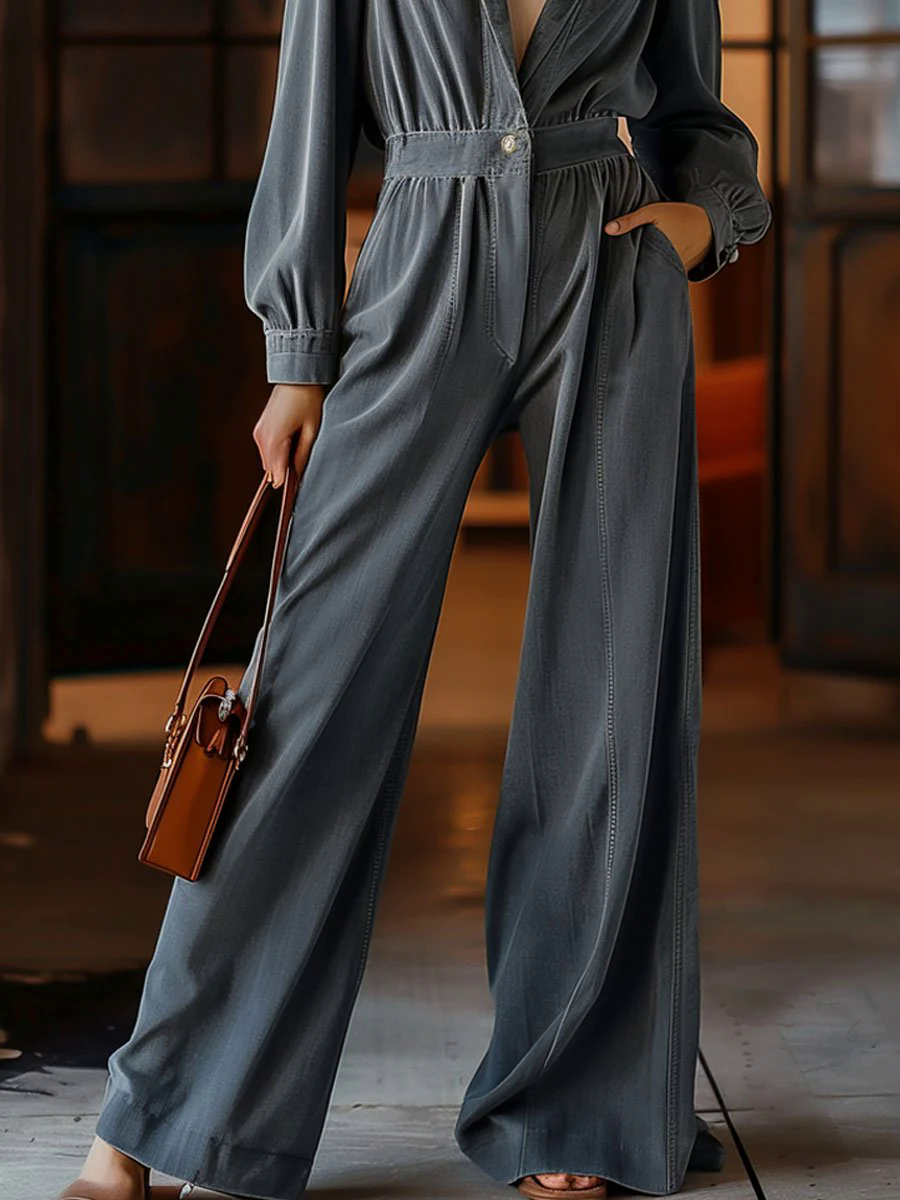 Casual Retro Pocket Denim Long Sleeve Wide Leg Jumpsuit