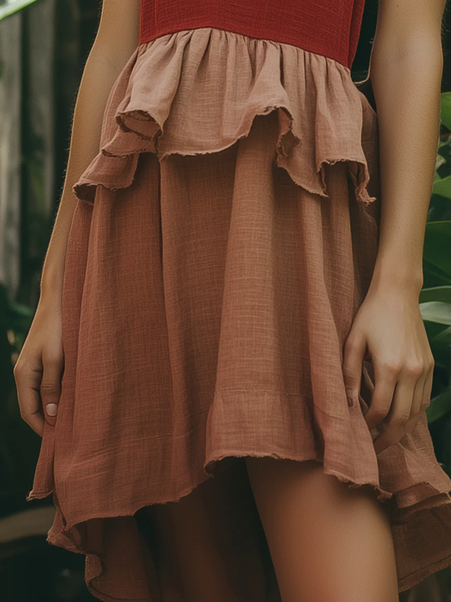 Retro Casual Color Matching Lotus Leaf Hem Red Cotton And Linen Sleeveless Mini Dress