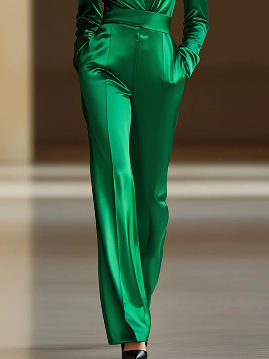 Retro Fashion Loose V-neck Green Satin Wide-leg Jumpsuit