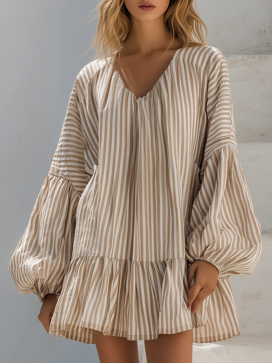 Casual Loose Vacation V-Neck Lantern Sleeve Vertical Striped Mini Dress