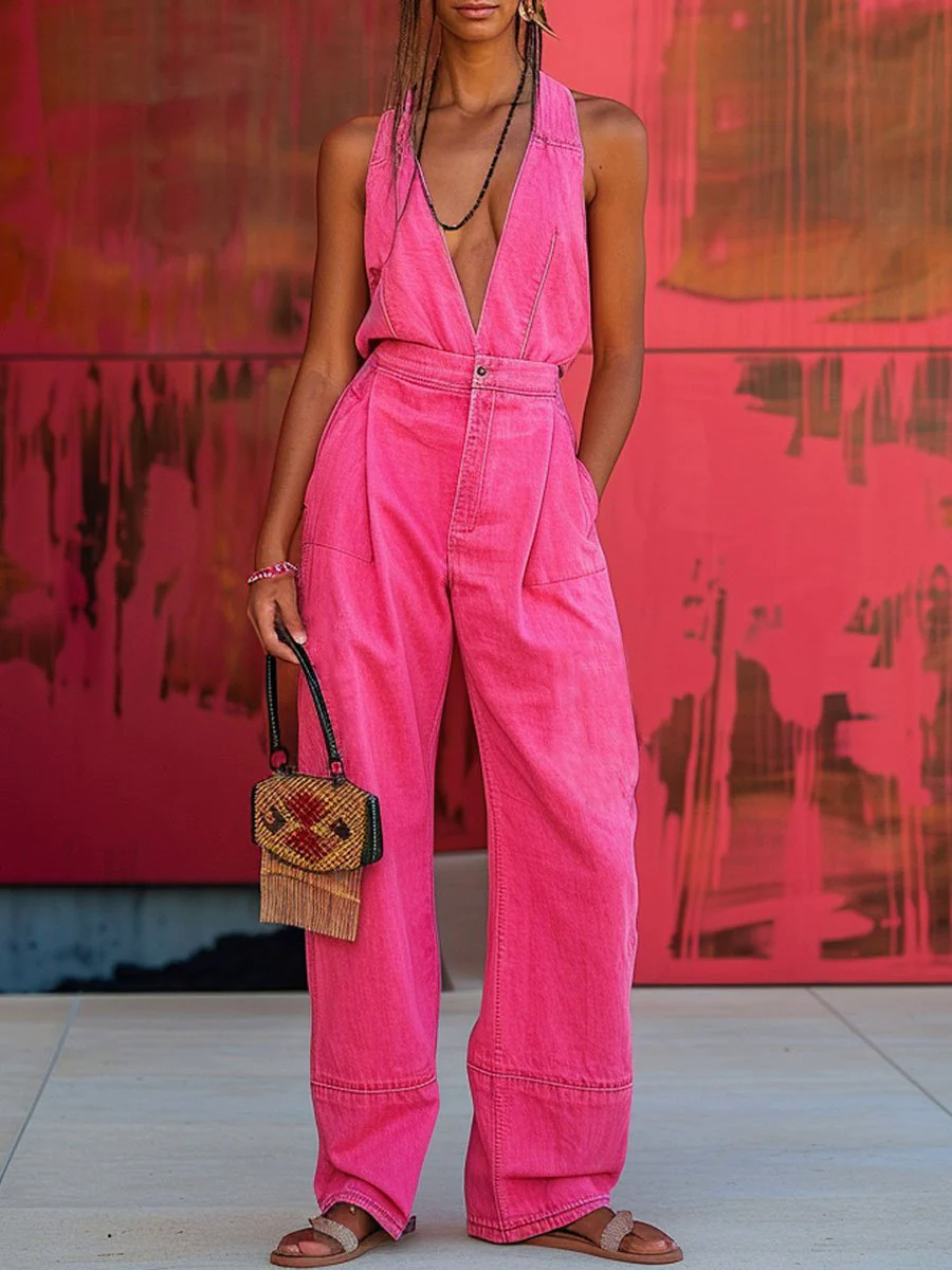 V-Neck Casual Loose Pocket Sleeveless Denim Jumpsuit