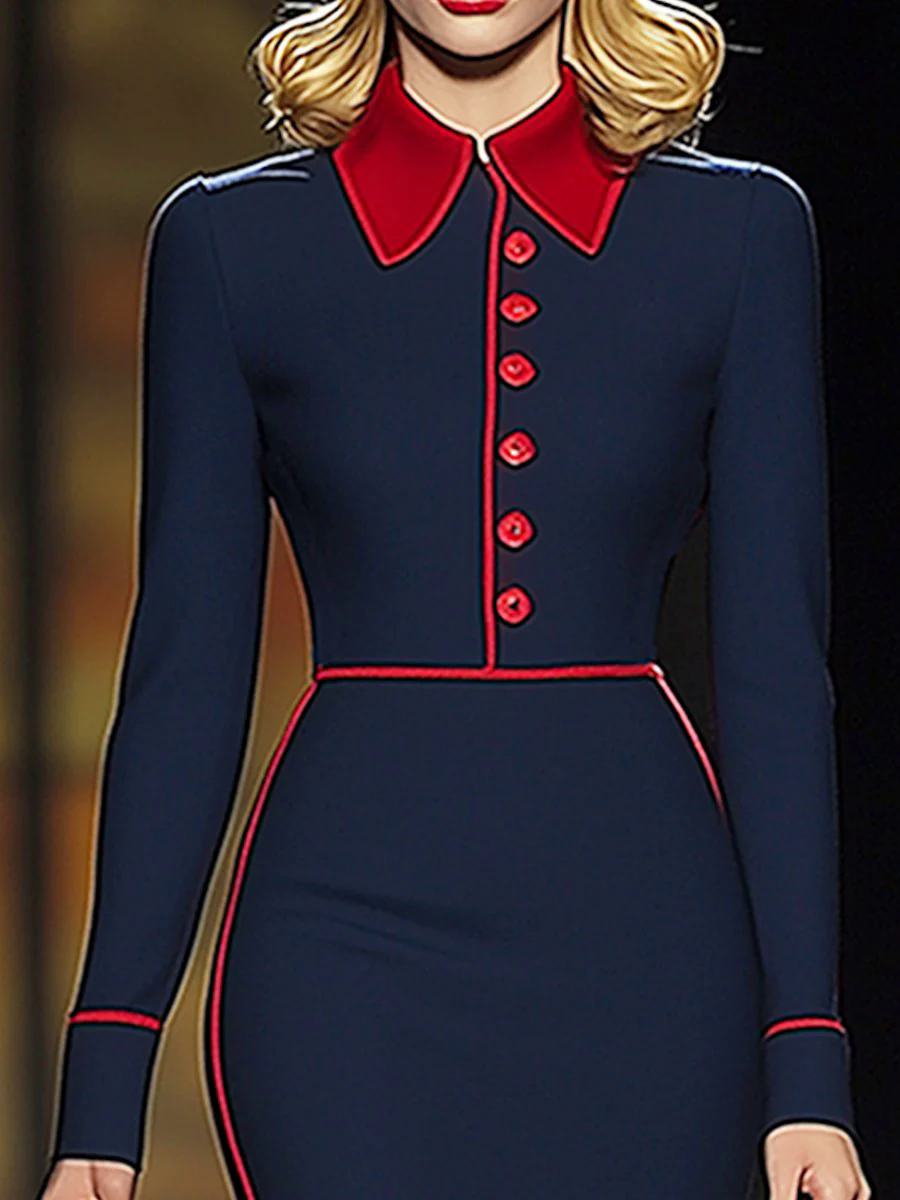Elegant Retro Contrast Color Long Sleeve Midi Dress