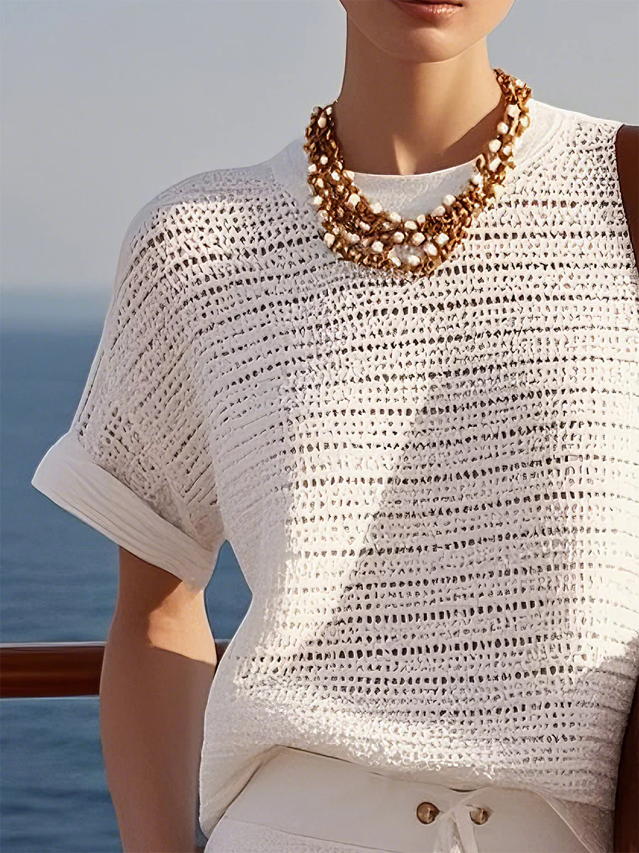 Casual Fashionable Holiday Style Hollow Knitted White Short-Sleeved Shorts Suit