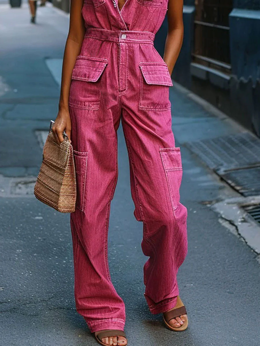 Casual Loose Multi-Pocket Lace-Up Retro Workwear Denim Jumpsuit