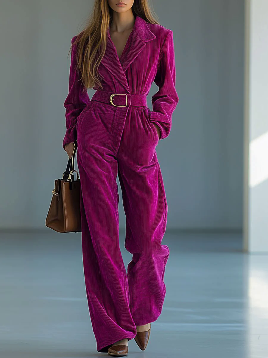 Casual Loose Retro Solid Color Corduroy Lapel Tie Long Sleeve Jumpsuit