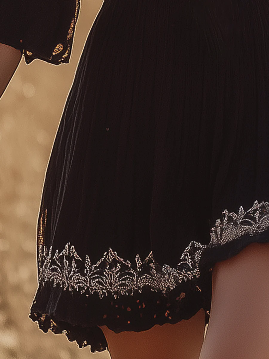 Women's Black Linen Trumpet Sleeve V-Neck Embroidered Lace Stitching Dress