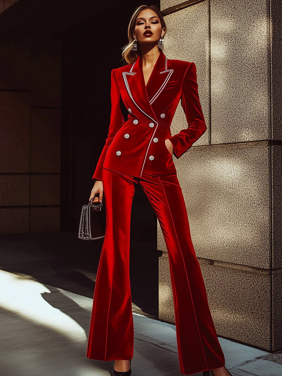 High-End Fashion Red Velvet Suit With Silver Trim