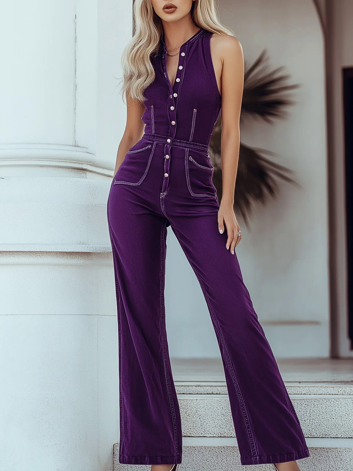Mysterious Vintage Purple Denim Sleeveless Wide Leg Jumpsuit