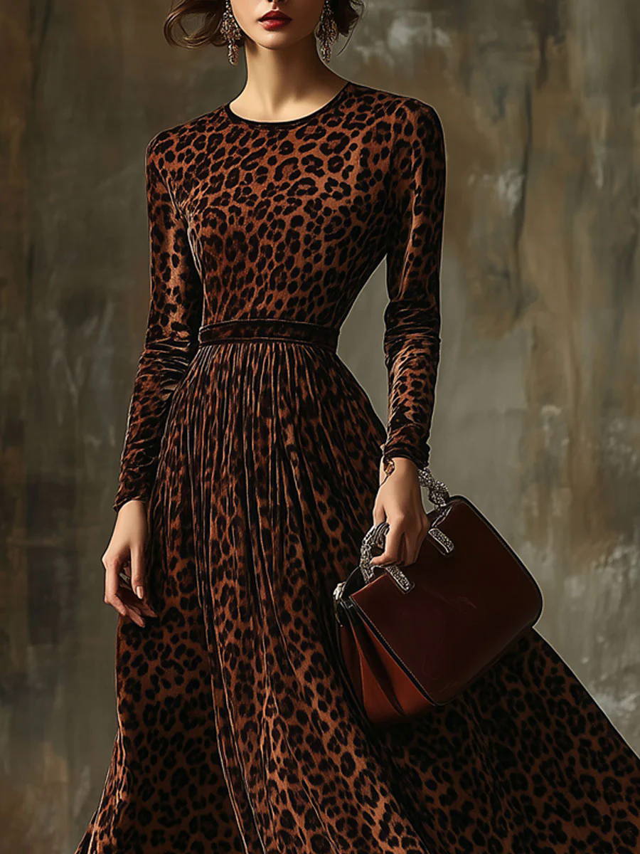 Casual Vintage Velvet Leopard Print Round Neck Maxi Dress