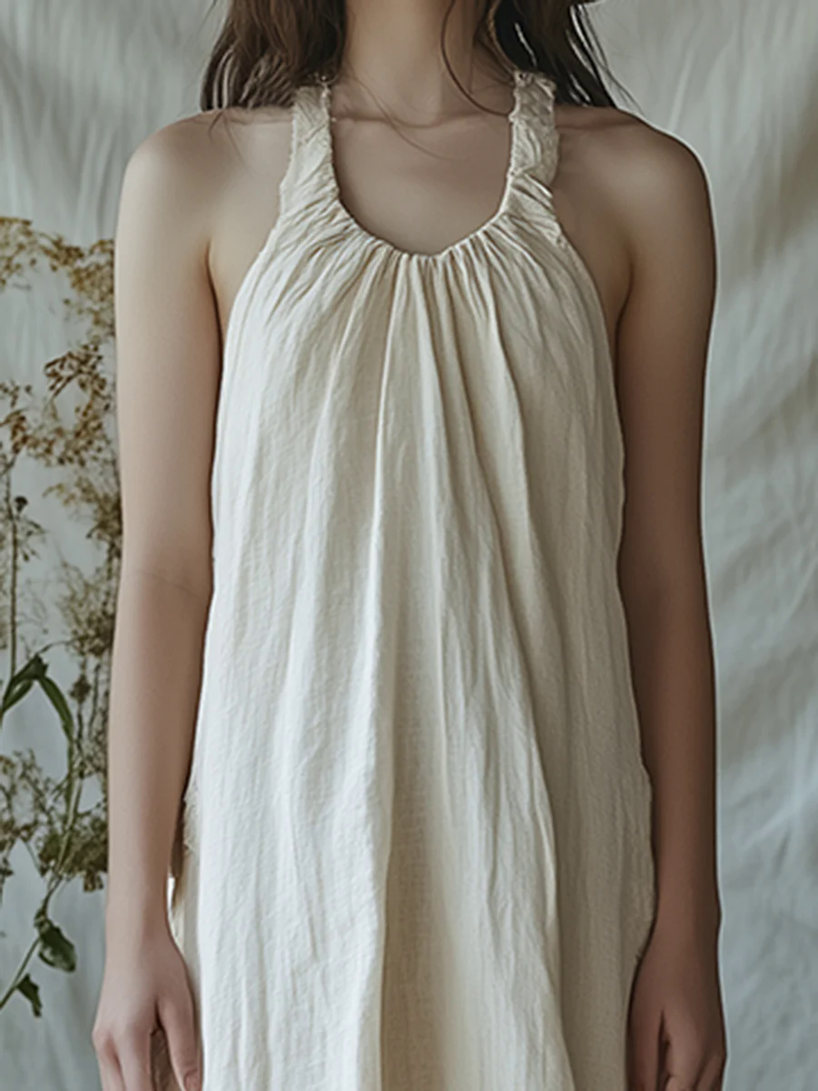 Simple And Fashionable Irregular Raw Edge Hem Sleeveless Beige Cotton And Linen Maxi Dress