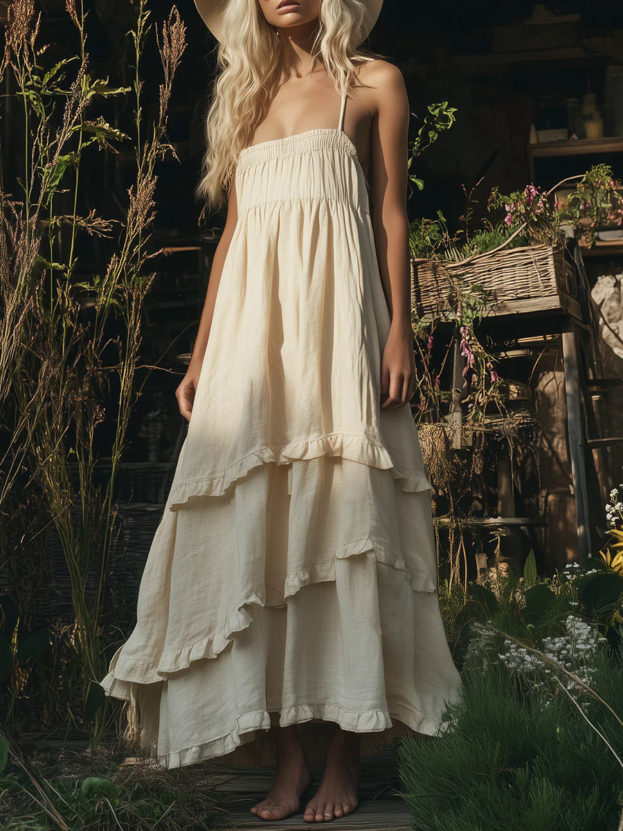Elegant Loose Ruffled Hem Beige Sleeveless Cotton And Linen Maxi Dress