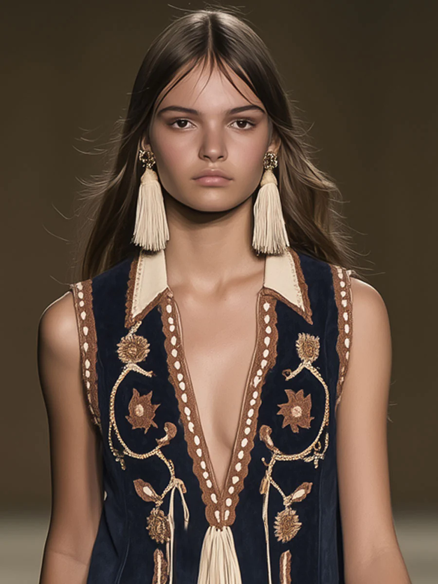 Casual Loose Vintage Suede Bohemian Embroidered Tassel Sleeveless Mini Dress