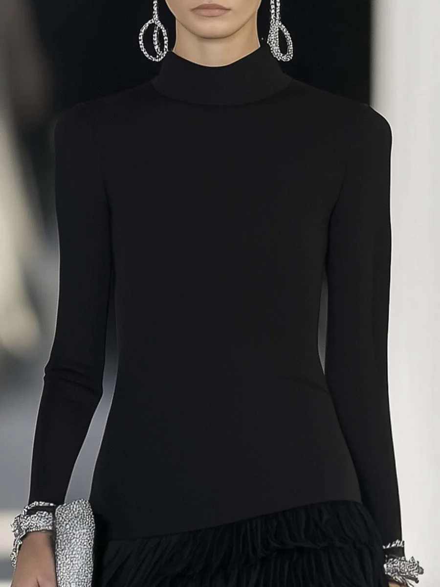 Elegant and Fashionable Half-high Collar Feather Hem Stitching Black Midi Dress