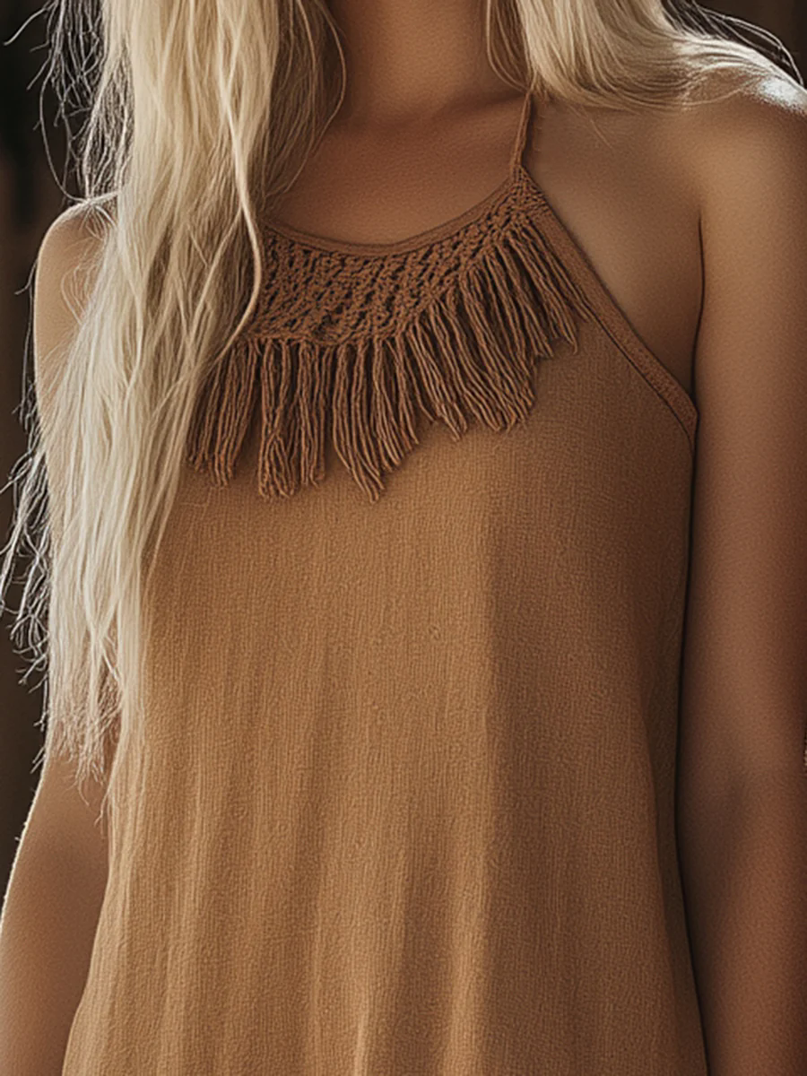 Vintage Loose Braided Tassel Sleeveless Brown Cotton And Linen Mini Dress