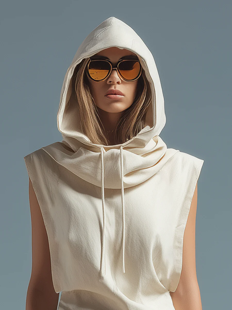 Fashionable Loose Hooded Wide Shoulder Sleeveless Beige Cotton Mini Dress