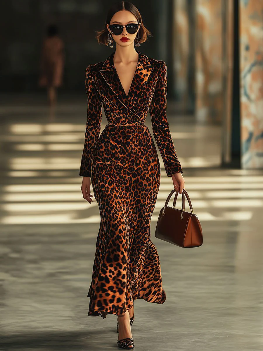 Casual Retro Lapel Long Sleeve Velvet Leopard Print Fishtail Maxi Dress