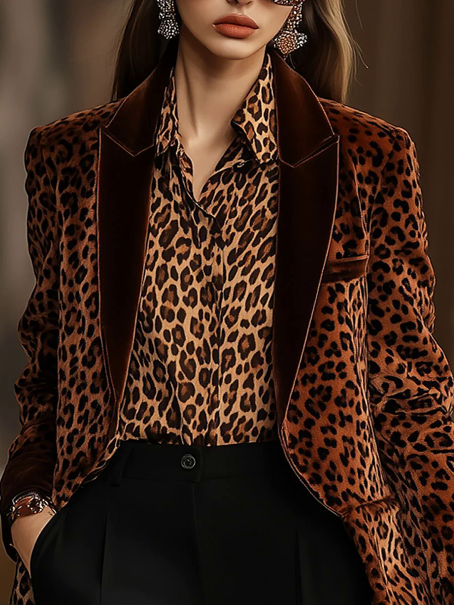 Casual Loose Retro Velvet Leopard Print Lapel Blazer