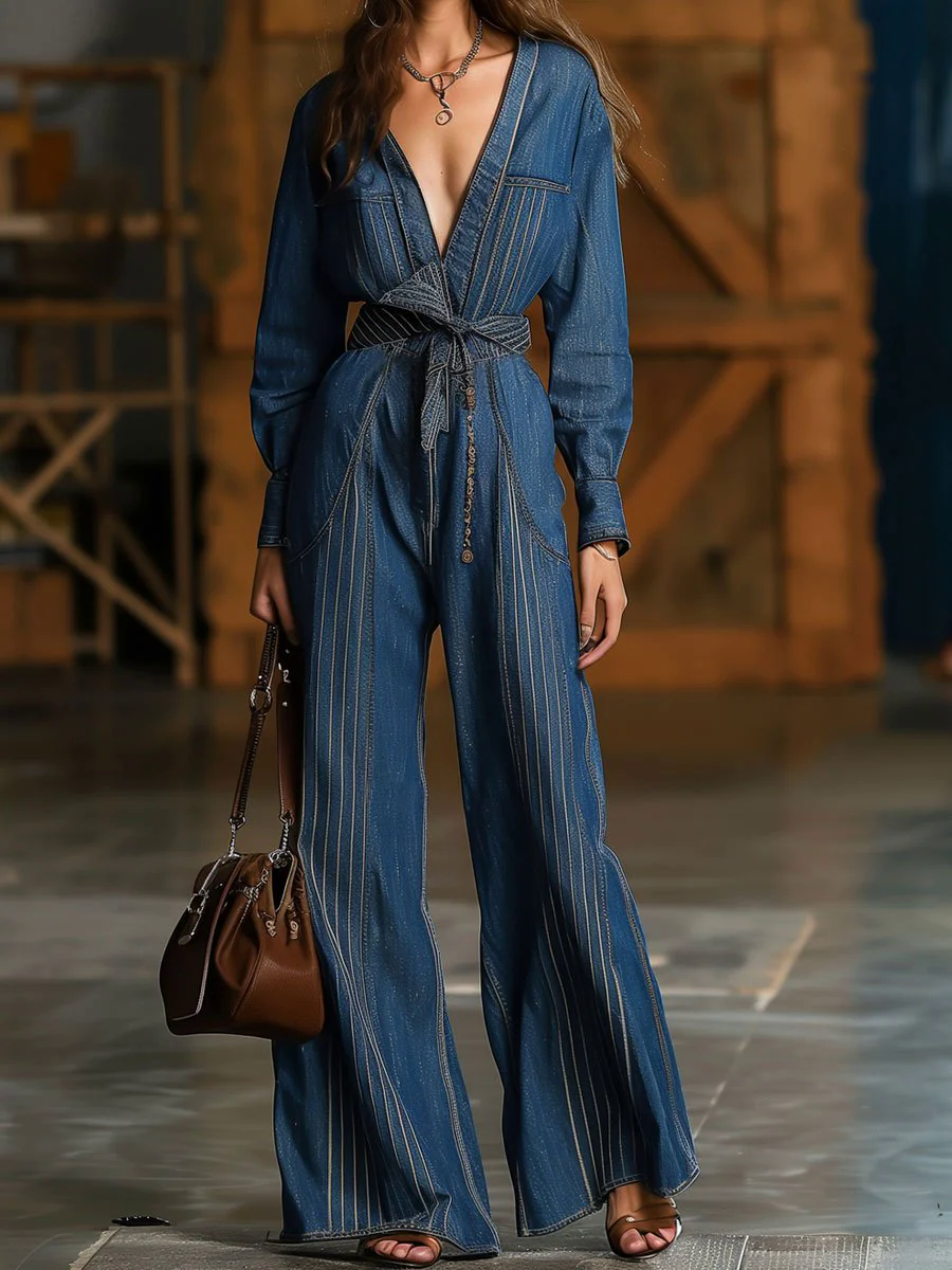 Casual Loose Retro Long Sleeve Denim Jumpsuit