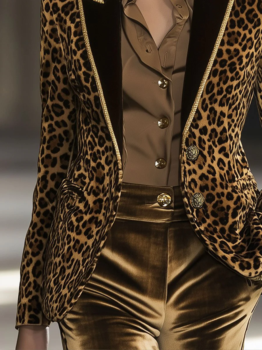Casual Fashion Velvet Leopard Print Contrast Lapel Gold Edge Blazer