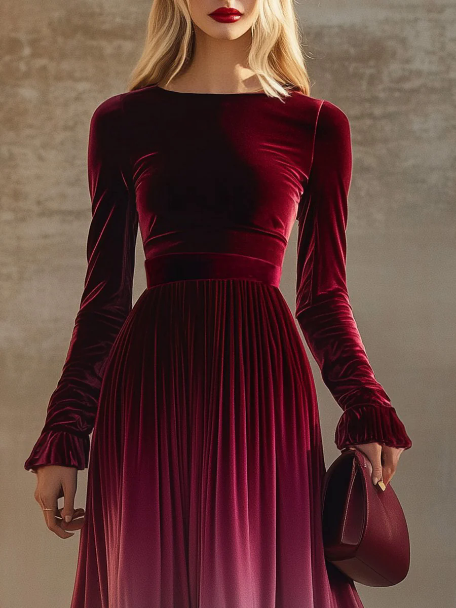 Elegant Straight Collar Trumpet Sleeves Burgundy Gradient Velvet Maxi Dress
