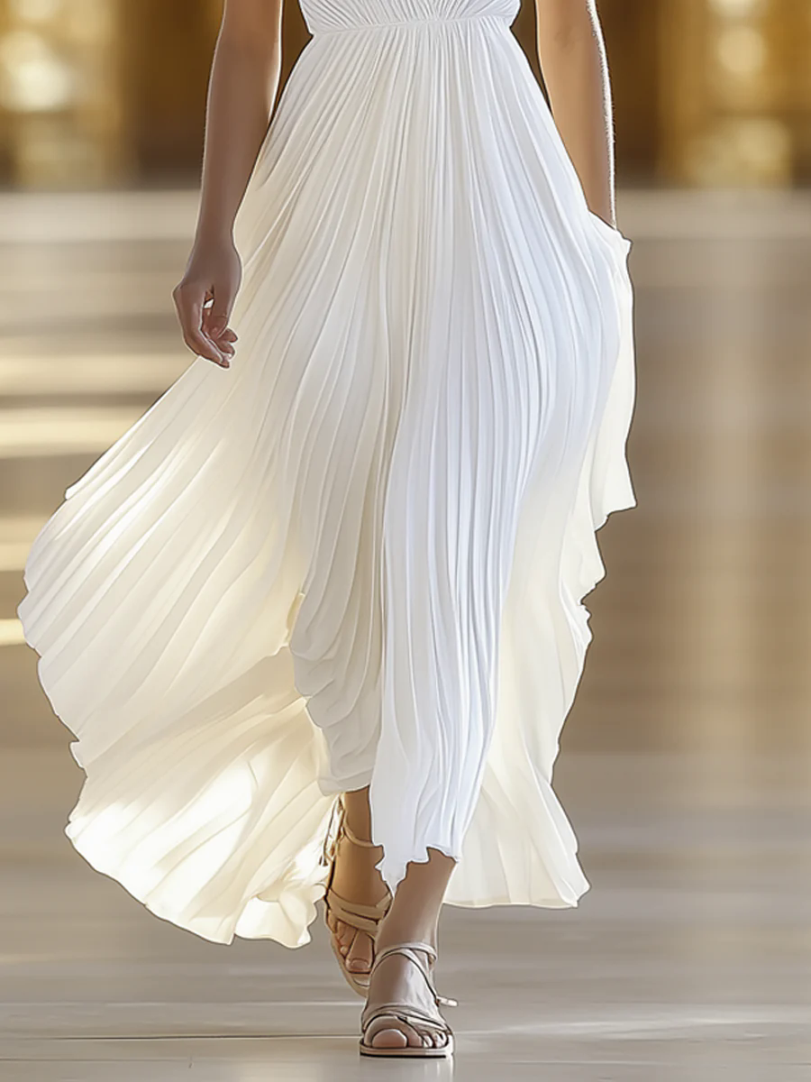 Premium Chiffon V-Neck Pleated Maxi Dress