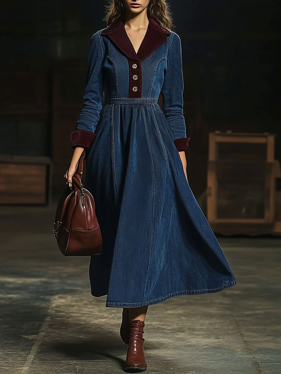 Casual Retro Contrast Color Corduroy Stitching Elastic Waist Long Sleeve Midi Dress