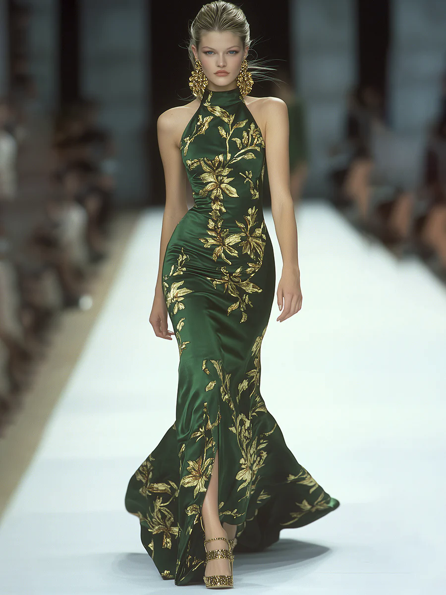 Women's Emerald Sleeveless Round Neck Hot Stamped Gold Leaf Floor-Mounting Dress