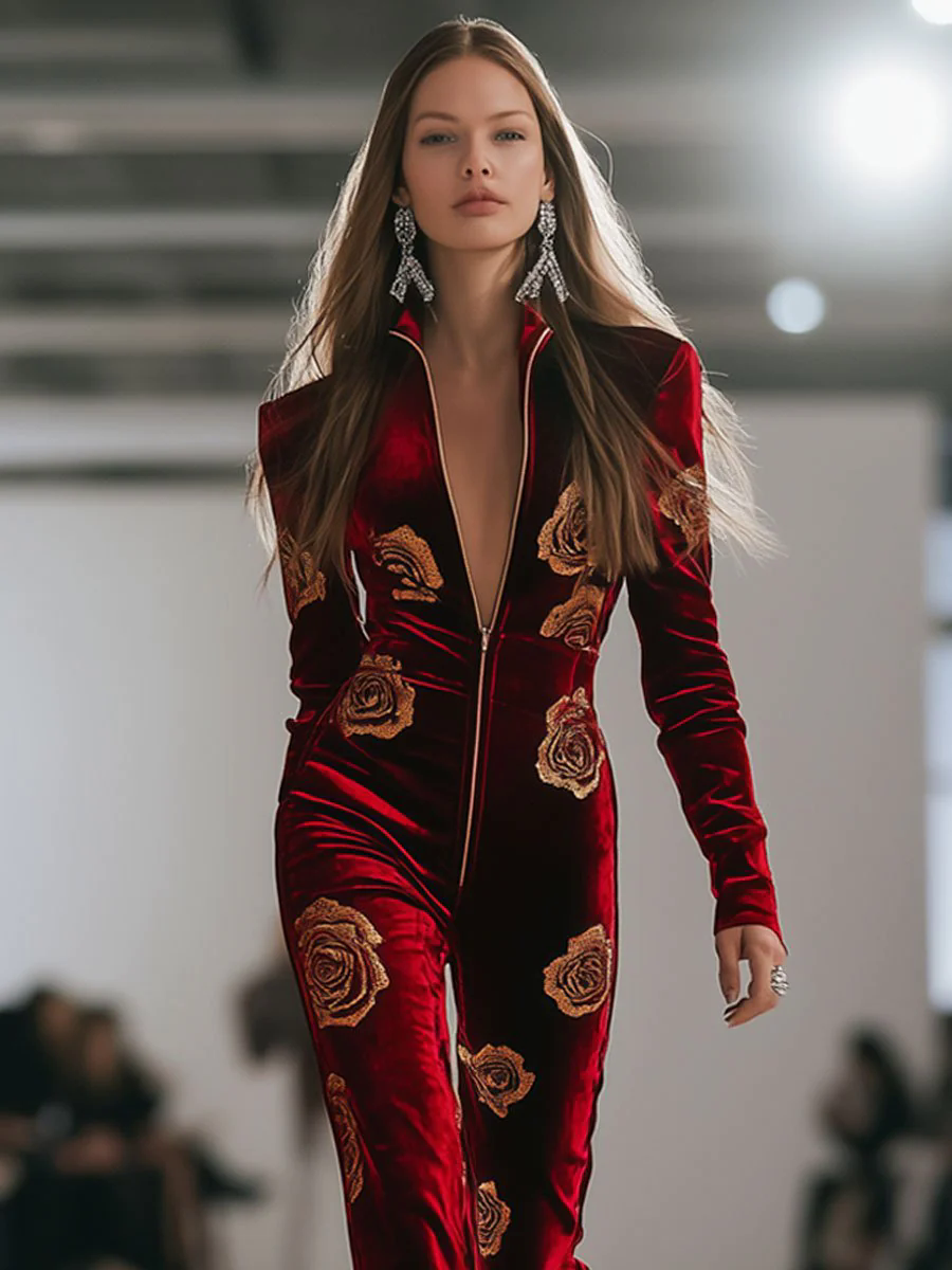 Casual Loose Retro Red Velvet Gold Rose Printed Zipper Long Sleeve Jumpsuit