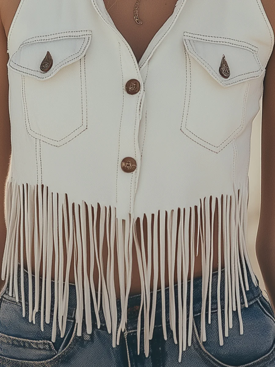 Western Casual White Denim Button Tassel Sleeveless Vest
