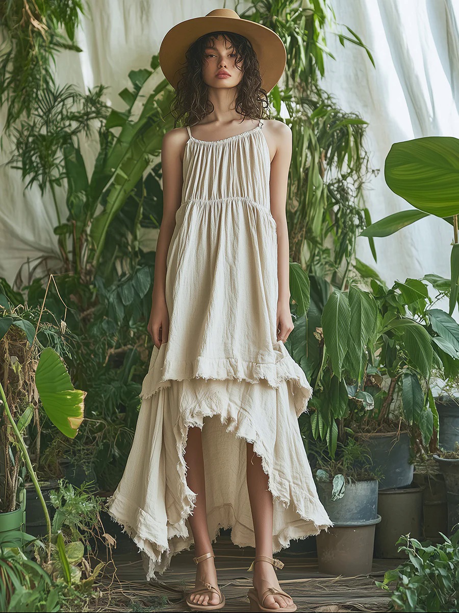 Simple Loose Irregular Raw Edge Hem Sleeveless Beige Cotton And Linen Maxi Dress