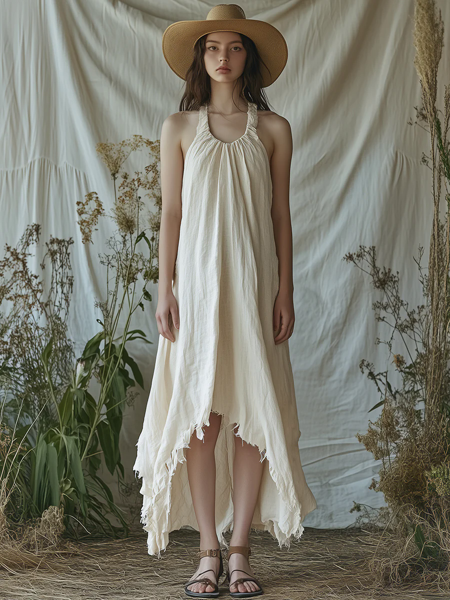 Simple And Fashionable Irregular Raw Edge Hem Sleeveless Beige Cotton And Linen Maxi Dress