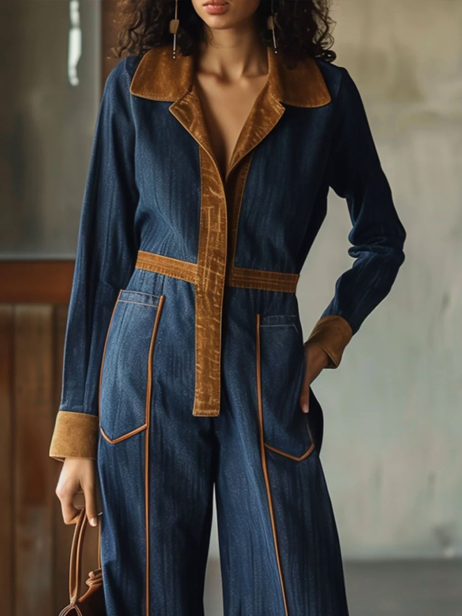 Casual Loose Retro Suede Denim Splicing Long Sleeve Jumpsuit