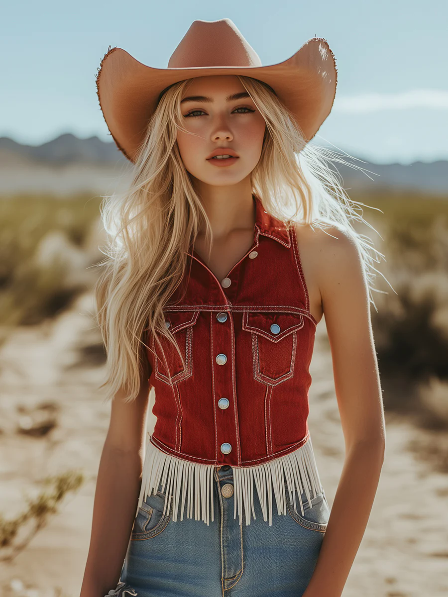Vintage Casual Red Denim Button Tassel Vest