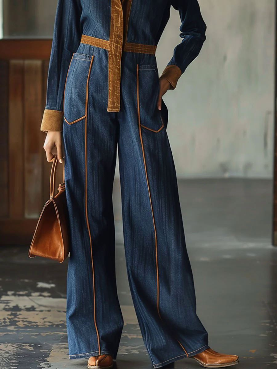Casual Loose Retro Suede Denim Splicing Long Sleeve Jumpsuit