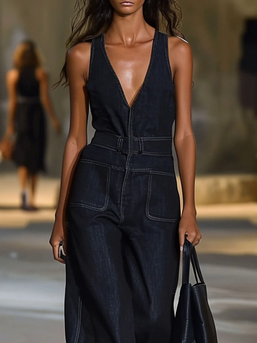 V-Neck Retro Casual Loose Sleeveless Wide-Leg Denim Jumpsuit