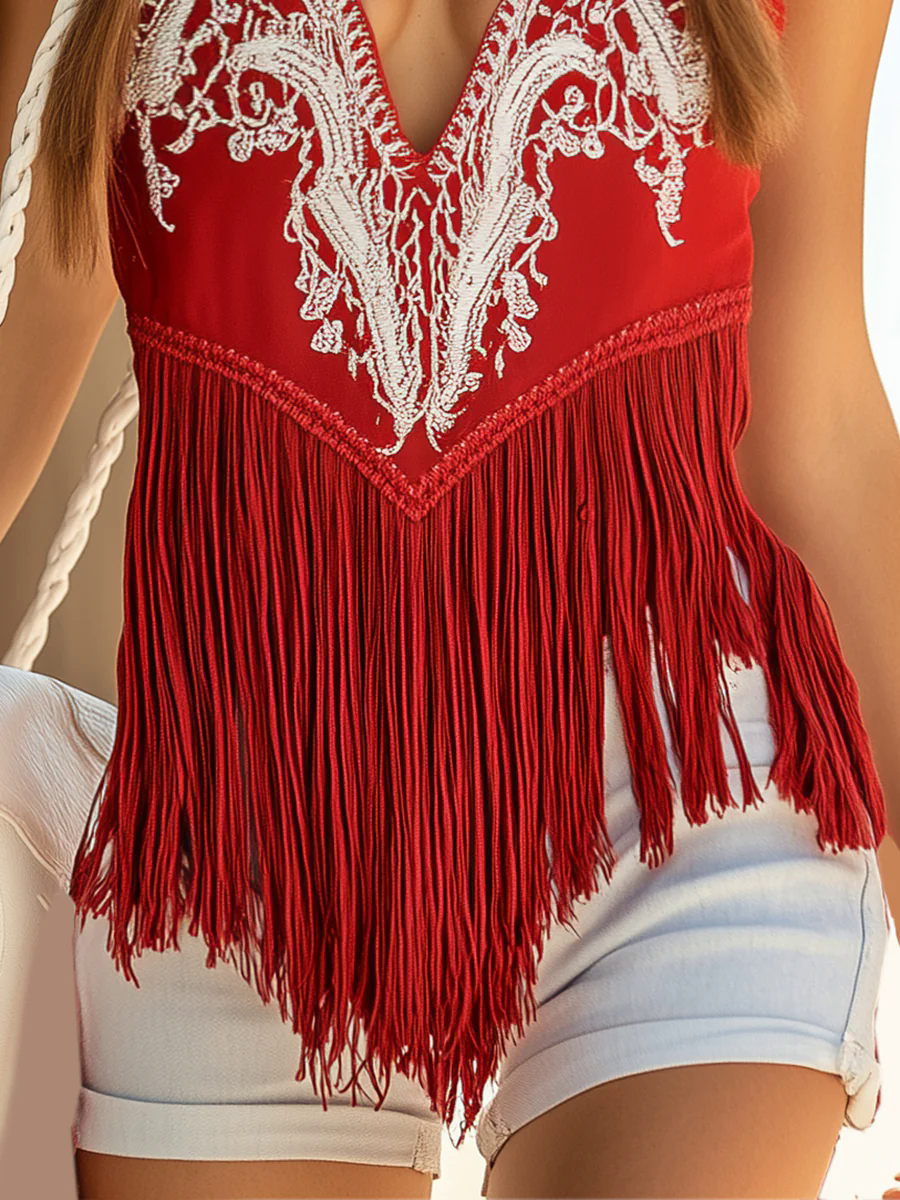 Casual Western White Embroidery Red Tassel Vest