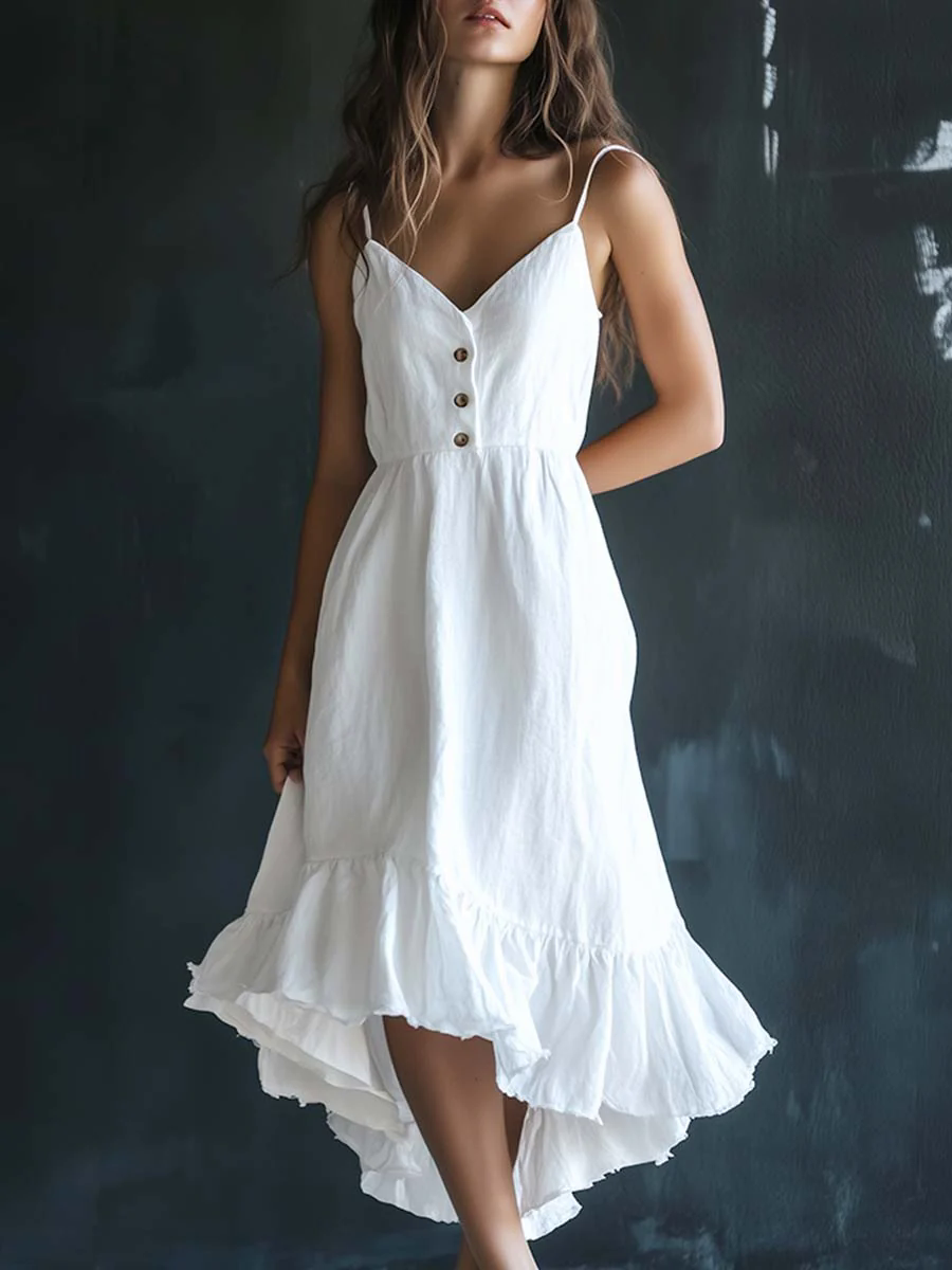Casual Elegant White Spaghetti Strap Cotton Linen Summer Maxi Dress