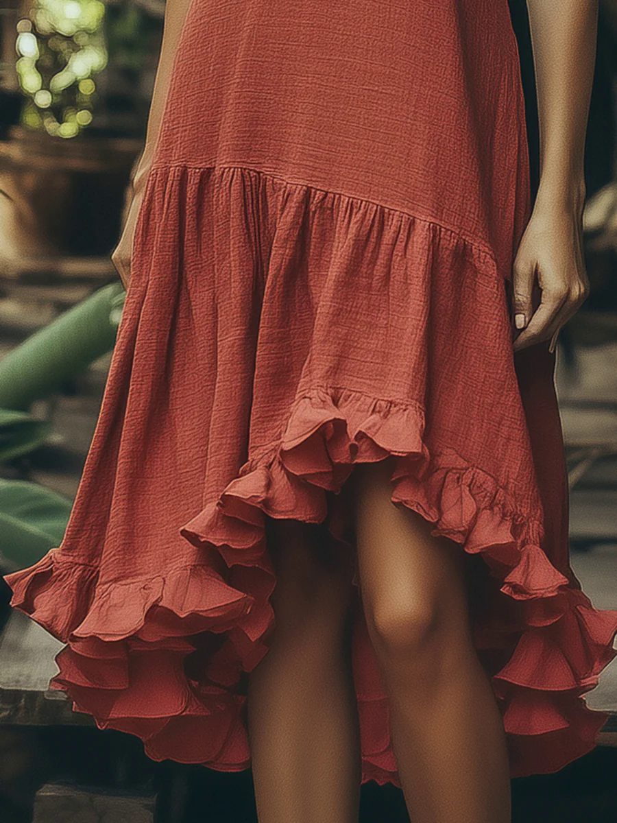 Simple And Comfortable Lotus Leaf Neckline Irregular Hem Sleeveless Red Midi Dress