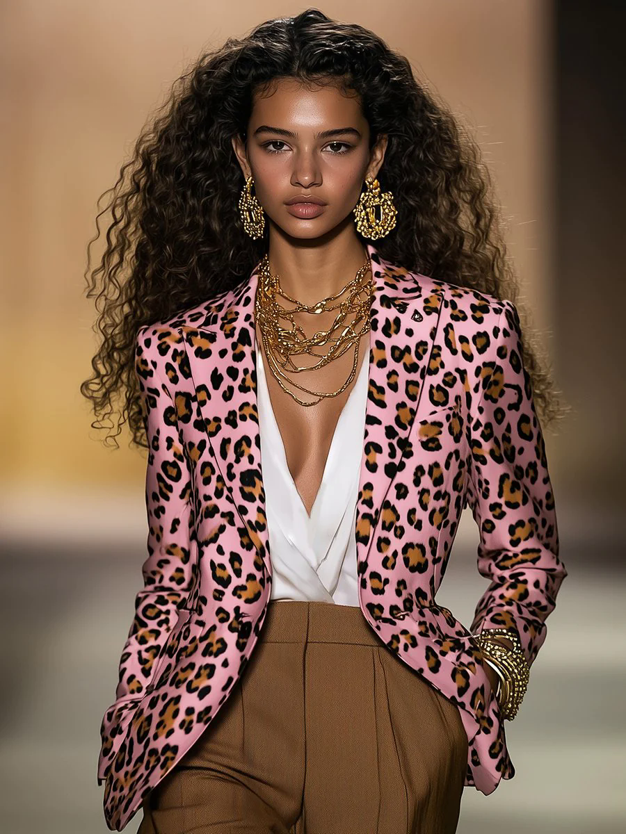 Casual Loose Vintage Satin Leopard Print Lapel Blazer