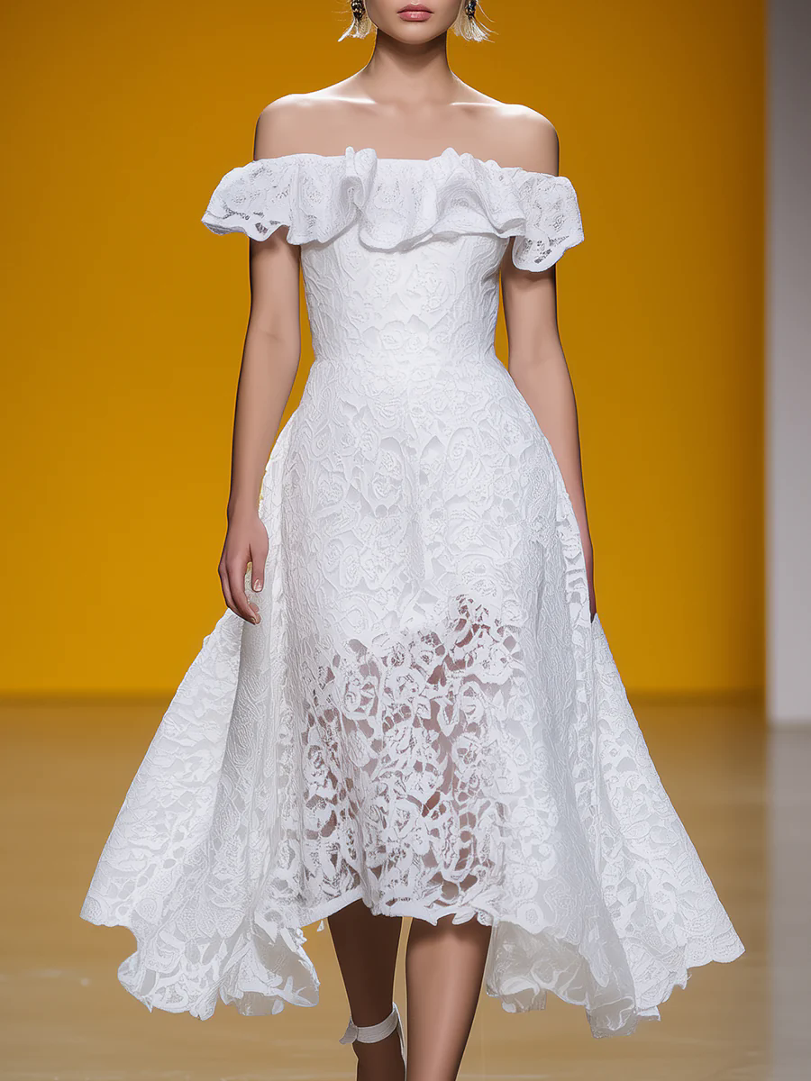 Elegant Solid Color Off-shoulder Ruffled Waist A-line Midi Dress