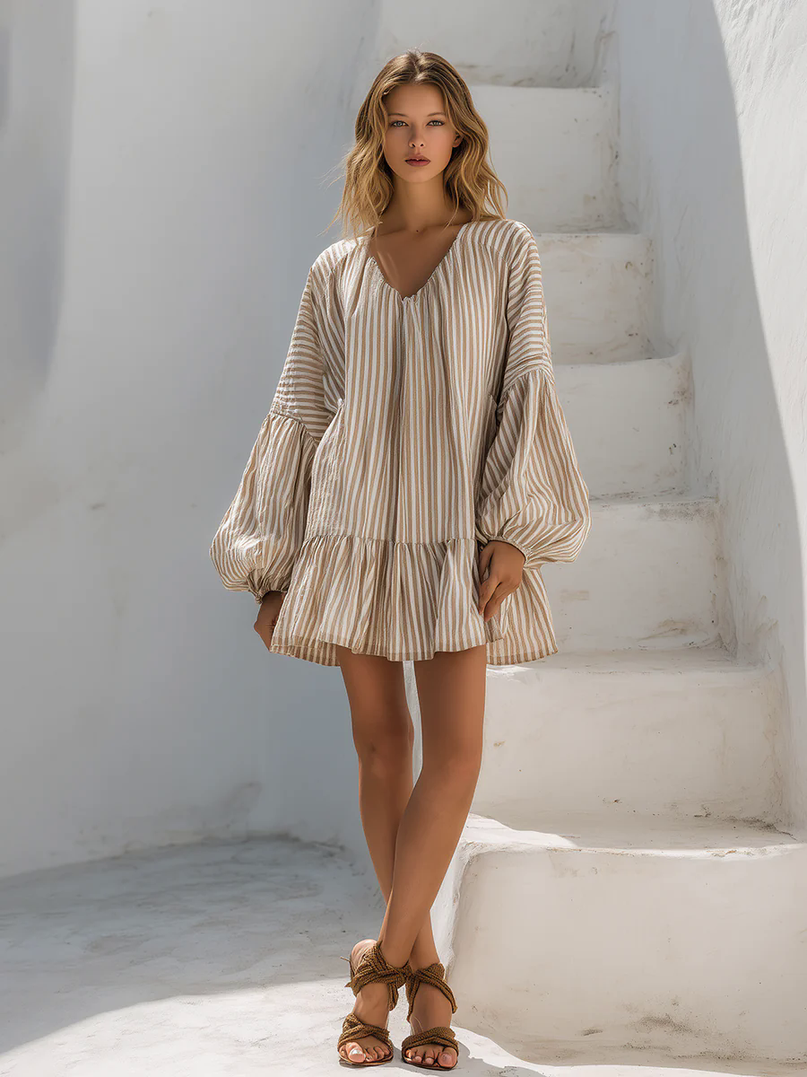 Casual Loose Vacation V-Neck Lantern Sleeve Vertical Striped Mini Dress