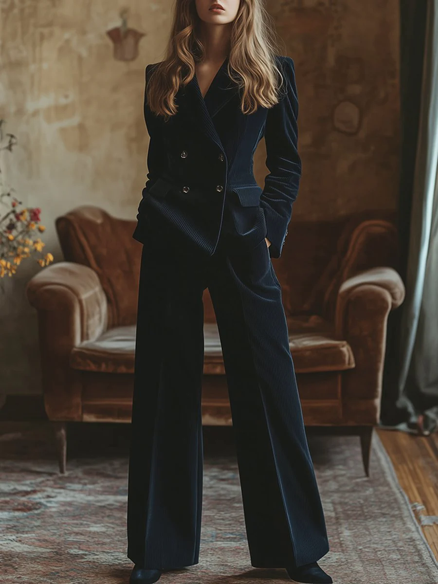 Retro Fashion Navy Lapel Corduroy Double-breasted Blazer and Wide-leg Pants Two-piece Set