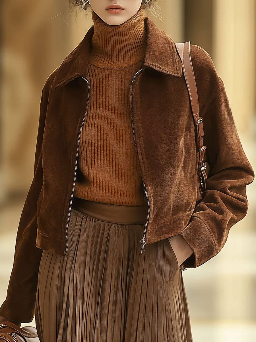 Casual Loose Solid Color Suede Zipper Pocket Short Jacket