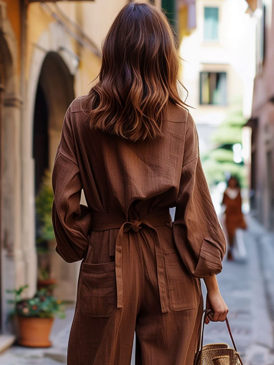 V-Neck Casual Retro Lace-Up Long-Sleeved Wide-Leg Denim Jumpsuit