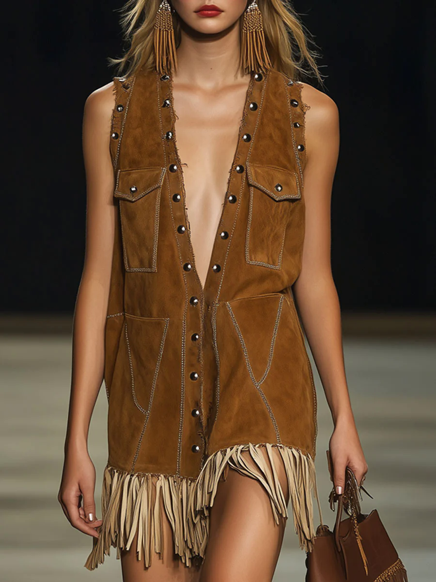 Casual Loose Vintage Camel Suede Rivet Vest Tassel Mini Dress