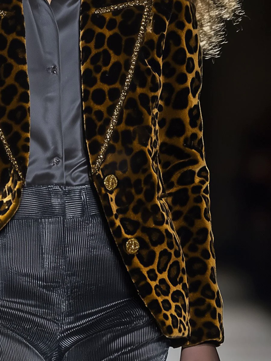 Casual Fashion Velvet Leopard Print Lapel Gold Edge Blazer