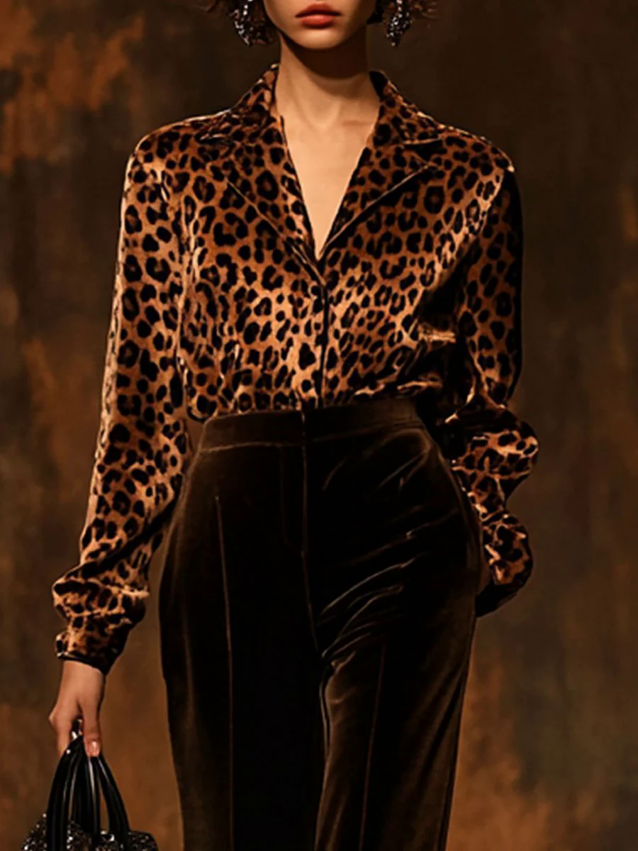 Casual Loose Vintage Velvet Leopard Print Long Sleeve Blouse
