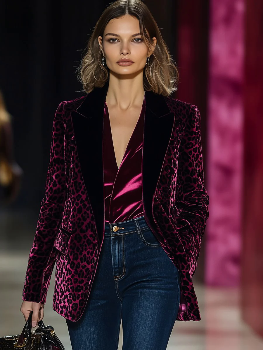 Fashionable Retro Luxury Solid Color Velvet Stitching Leopard Print Lapel Blazer