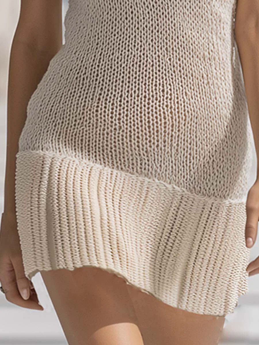 Fashionable And Elegant Shirt Collar White Mesh Knitted Summer Mini Dress